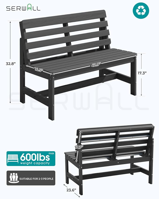 SERWALL Armless Outdoor Bench, All Weather HDPE Porch Bench, 1 Pack, Suitable - Image 3