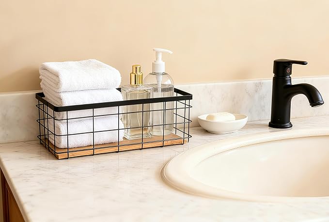Detachable Wood Base Wire Basket tabletop or wall mount, Medium | Farmhouse - Image 4