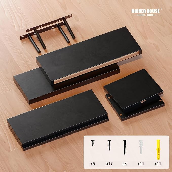 RICHER HOUSE 3-Set Black Floating Wall Shelves, Bathroom Shelf Over Toilet | - Image 4