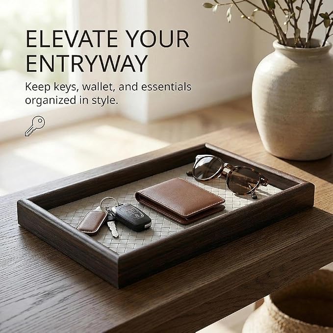 Wooden Valet Tray with Leather Base - Image 2