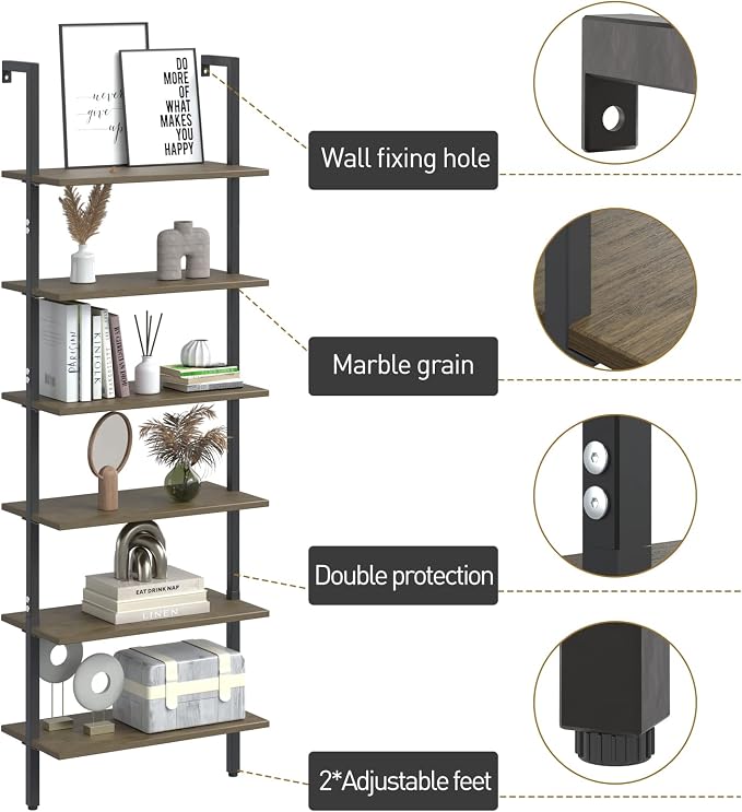 Ladder Shelf Black 6 Tiers Modern Bookshelf Room Organizer Open Tall Wall Mount - Image 7