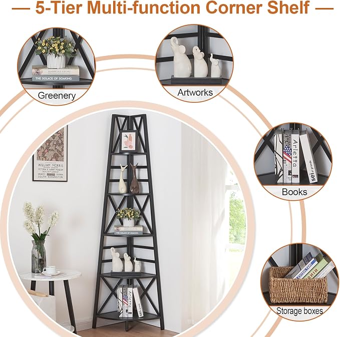 HOMBAZAAR 5 Tier Corner Shelf, 72 Inch Industrial Corner Bookshelf, Tall Ladder - Image 5
