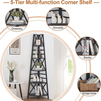 HOMBAZAAR 5 Tier Corner Shelf, 72 Inch Industrial Corner Bookshelf, Tall Ladder - Image 5