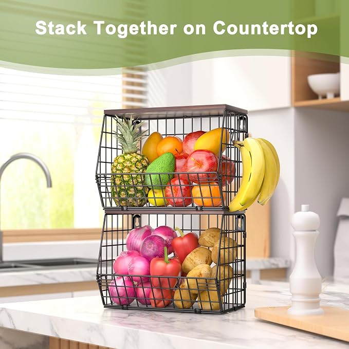 Wawocs Fruit Basket for Kitchen Counter 2 Tier Fruit Bowl, Stackable Wall - Image 6
