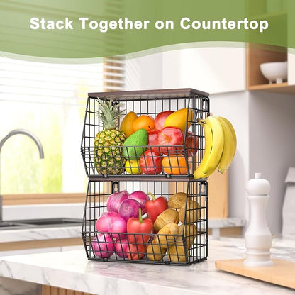 Wawocs Fruit Basket for Kitchen Counter 2 Tier Fruit Bowl, Stackable Wall - Image 6