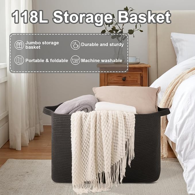 118L Extra Large Blanket Basket, 24.8" x 17.7" x 17.2" Woven Storage Basket - Image 6