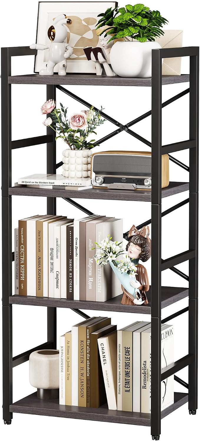 Homeiju Grey Bookshelf, 4 Tier Small Bookcase by Homeiju