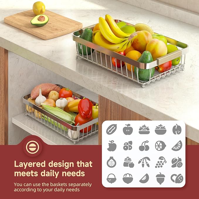 2-Tier Fruit Basket with Banana Hangers, Detachable Metal Bowl | Wooden handle - Image 4