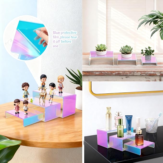 4 Sets 12 Pieces Iridescent Acrylic Display Risers, Stackable 3-Tier Showcase - Image 4