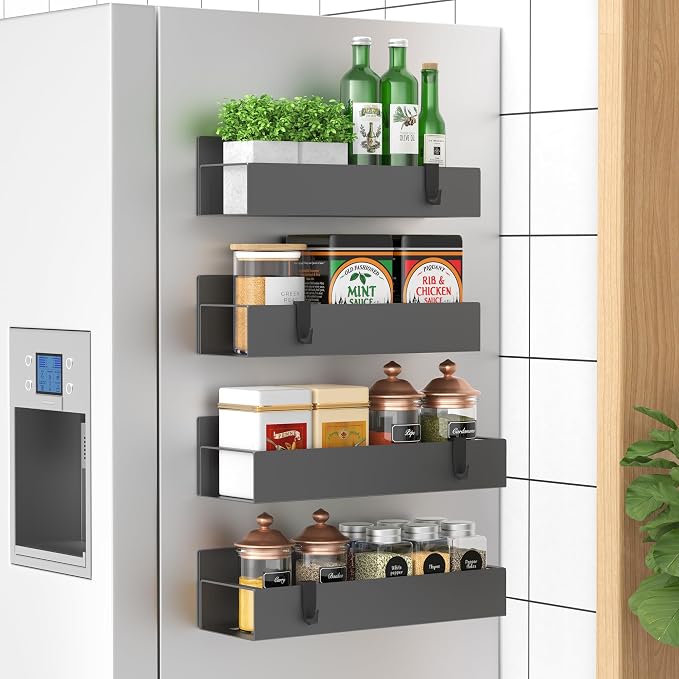 Metal Magnetic Spice Rack for Refrigerator Dark Gray, 4 Pack | Magnetic Shelves by HuggieGems