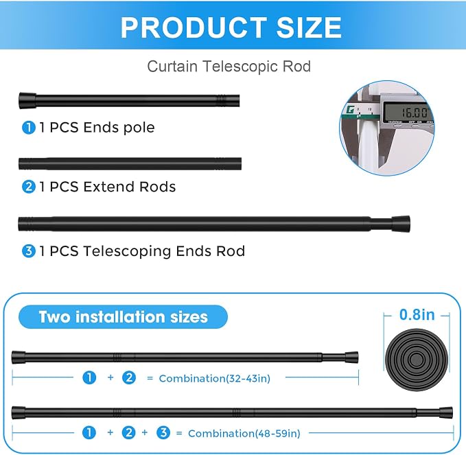 2 Pack Spring Loaded Tension Rod 48-59" Adjustable Curtain Rods No Drill - Image 2