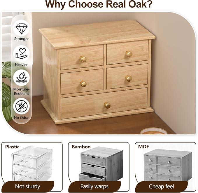 Oak Desk Organizer with Drawers, Durable Wooden Desktop Storage Box | 5 Drawer - Image 3