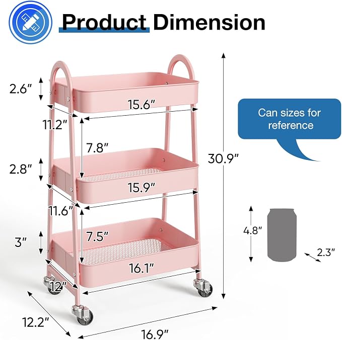 OLIXIS Metal 3 Tiers Utility Rolling Cart, Mobile Storage Shelf - Image 7