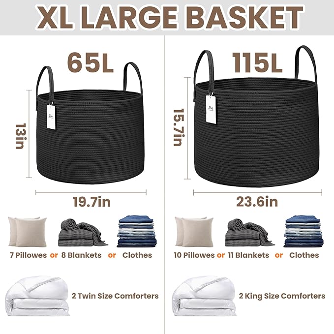 JMvicyroam 65L Extra Large Machine Washable Cotton Rope Blanket Basket | - Image 3