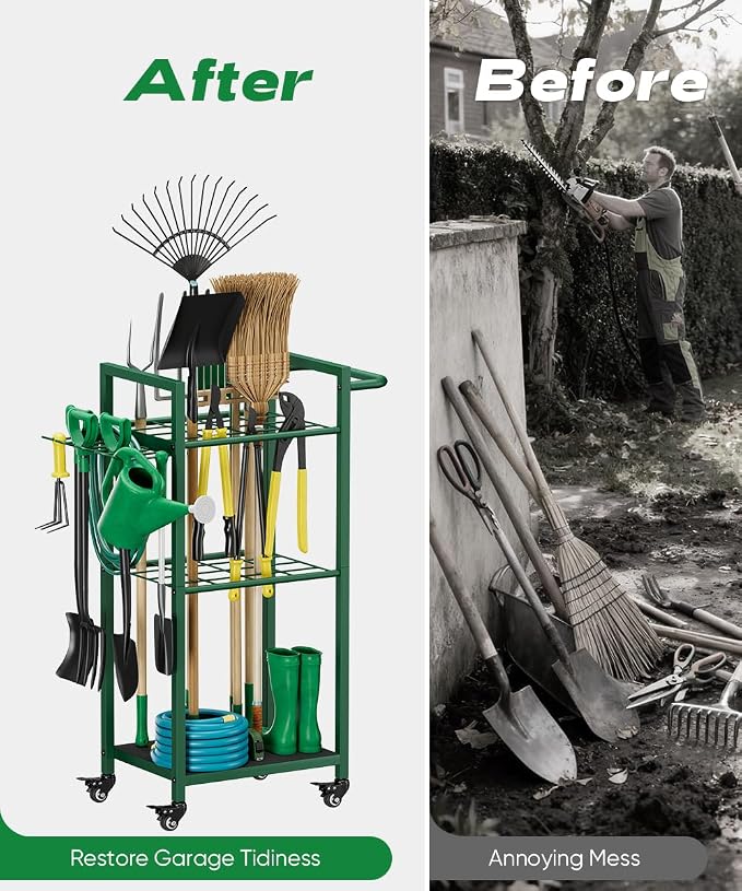 Garden Tool Organizer with Wheels, Heavy Duty 3 Tier Metal Yard Tool Storage - Image 7