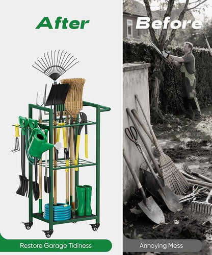 Garden Tool Organizer with Wheels, Heavy Duty 3 Tier Metal Yard Tool Storage - Image 7