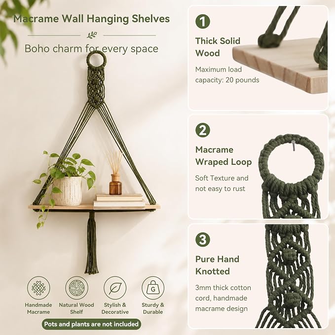 Artilady Macrame Wall Hanging Shelf, Bedroom Storage | 2 Pack Plant Shelf - Image 4