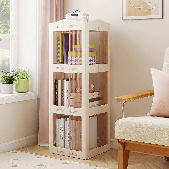 Giantex Foldable Rotating Bookshelf, 3-Tier Spinning Bookcase w/Swivel Base - Image 2