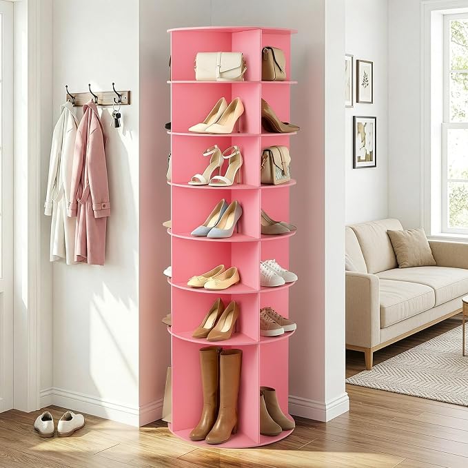 Karl home Pink 7 Tier 360° Rotating Shoe Rack Tower, Spinning Shoe Display | by Karlhome