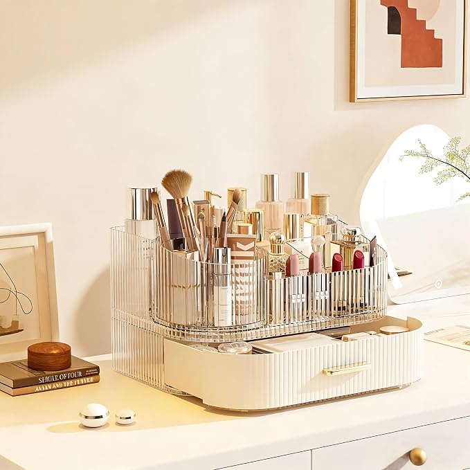 Makeup Organizer with 360° Rotating Brush Holder and Stackable Drawers - Image 3