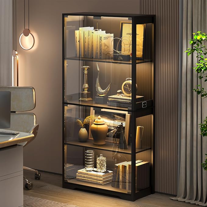 Display Cabinet with Glass Doors, 4-Tier Curio Cabinet with 3 Color Lights - Image 7