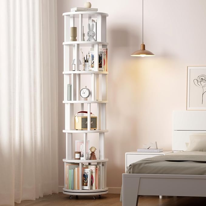 Solid Wood Rotating Bookshelf on Wheels, 6 Tier, Round Revolving Bookcase - Image 8