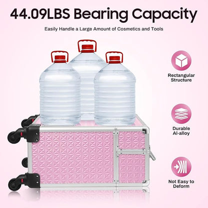 Rolling Makeup Train Case with Drawers, Portable Rolling Makeup Cart with Wheels - Image 3