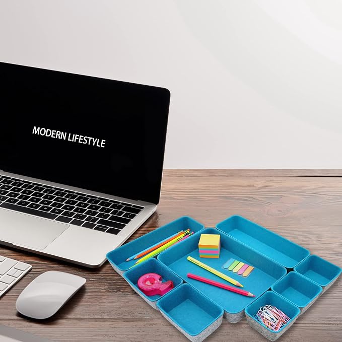 Welaxy Minimalist Felt Desk Drawer Organizer 8pc Turquoise Storage Bins - Image 5
