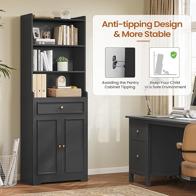DICTAC Bookcase with Drawers and Doors 73.23'' Tall Bookshelf with Open Shelves - Image 6