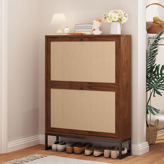 Rattan Shoe Cabinet with 2 Flip Drawers, Simple Setup Hidden Shoe Rack by HenstatechWarmFurniture