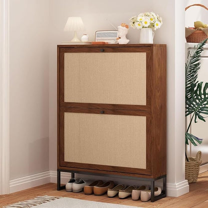Rattan Shoe Cabinet with 2 Flip Drawers, Simple Setup Hidden Shoe Rack by HenstatechWarmFurniture