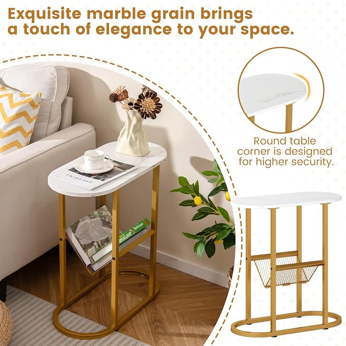 Tangkula Oval Narrow Side Table, 2-Tier End Table w/Mesh Magazine Rack - Image 6