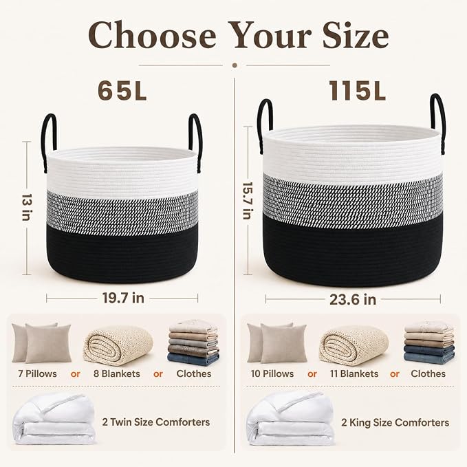 JMvicyroam 65L Extra Large Machine Washable Cotton Rope Blanket Basket | - Image 4