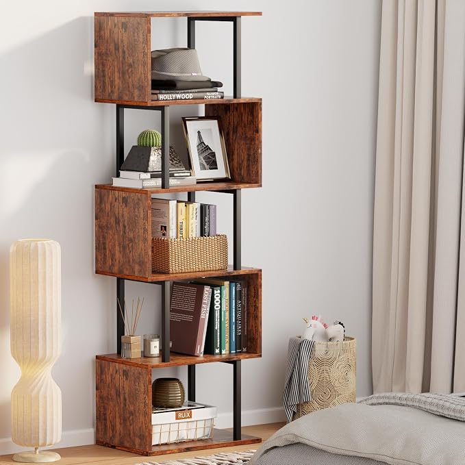 Furologee 6 Tier Bookshelf, Tall S Shaped Geometric Bookcase, Modern Display - Image 2