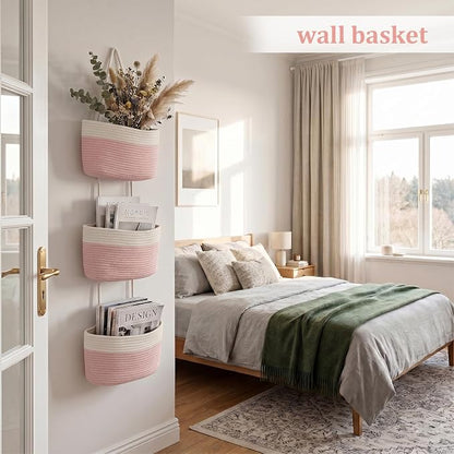 TeoKJ Over the Door Hanging Basket, 3-Tier Woven Cotton Wall-Mounted Storage - Image 3