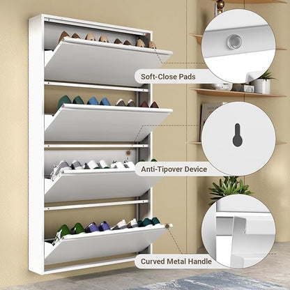 Metal Shoe Cabinet with 4 Flip Drawers, Slim Wall Mounted, Hallway and Mudroom - Image 7