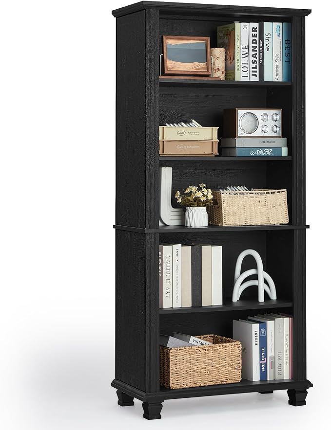 70" Tall Black Bookshelf, 5 Tier Wooden Book Shelf by SAVORLIFEFurniture