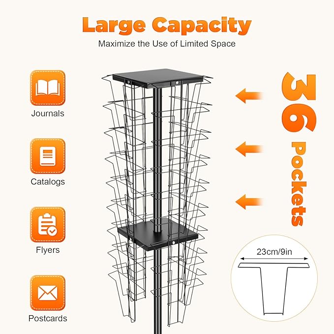36-Pocket Rotating Magazine Rack, 360° Floor Brochure Display Stand - Image 7