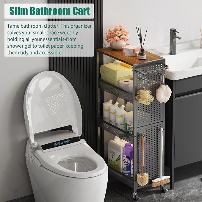 4-Tier Slim Storage Cart with Wheels, Small Mobile Organizer Shelf with Wooden - Image 7