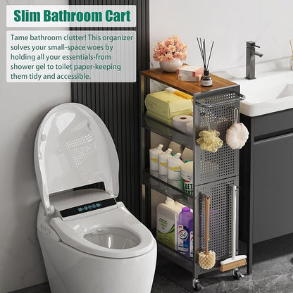 4-Tier Slim Storage Cart with Wheels, Small Mobile Organizer Shelf with Wooden - Image 7