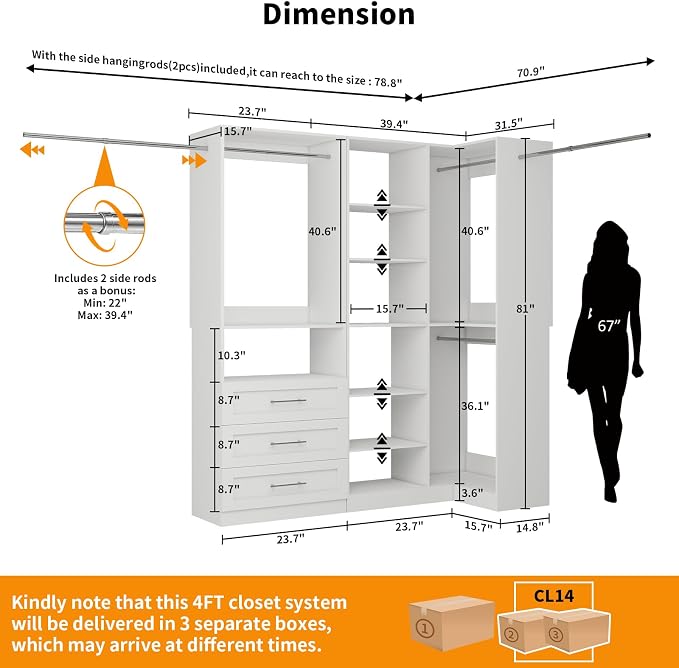 Closet System with 3 Drawers, Corner Closet Organizer Systems with 7 Shelves & - Image 2