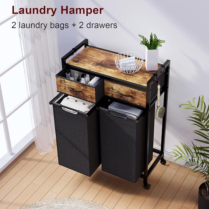 Laundry Hamper, Laundry Sorter 2 Section, Rolling Laundry Basket - Image 7