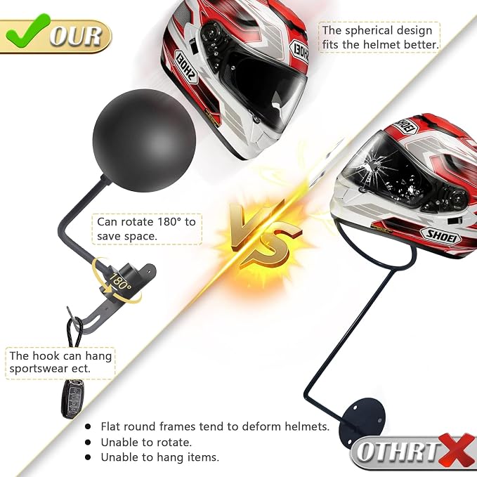 Motorcycle Helmet Holder Wall Mount 180 Degree Rotation Metal Bike Helmet Rack - Image 4