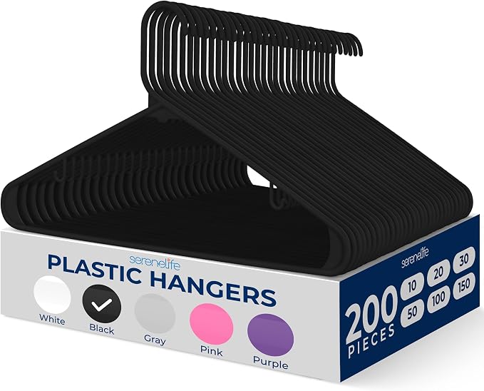 SereneLife 200 Pack Plastic Hangers, Space-Saving Closet Organizers, Durable by SereneLife