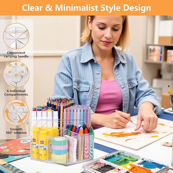 Pen Holder for Desk Acrylic, Large 6 Slots 360-Degree Rotating Marker Organizer - Image 6