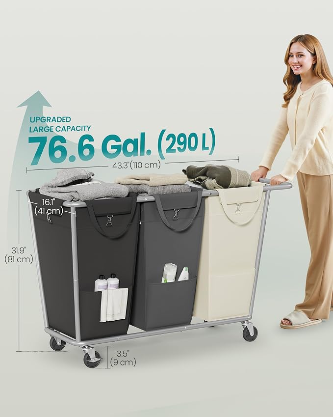 SONGMICS Laundry Basket with Wheels, 3-Section Laundry Sorter, 76.6 Gallons - Image 6