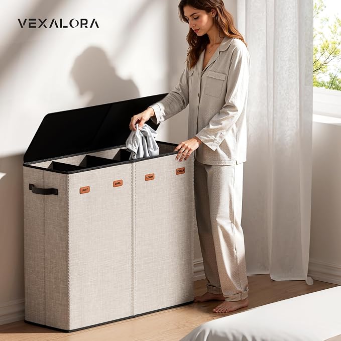 Laundry Hamper 4-Section with Lid, 185L Laundry Sorter with 4 Removable Bags + - Image 2