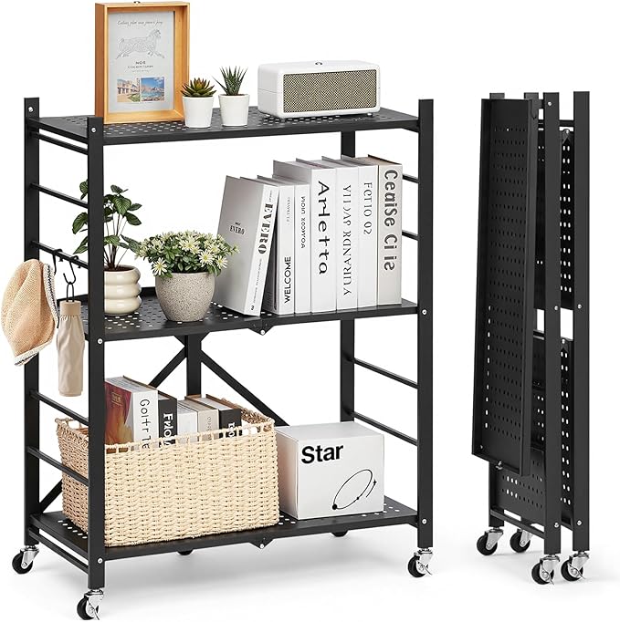 VEVOR 3-Tier Foldable Storage Shelf, 28W x 13D x 36H Inch Folding Metal Rack by VEVOR