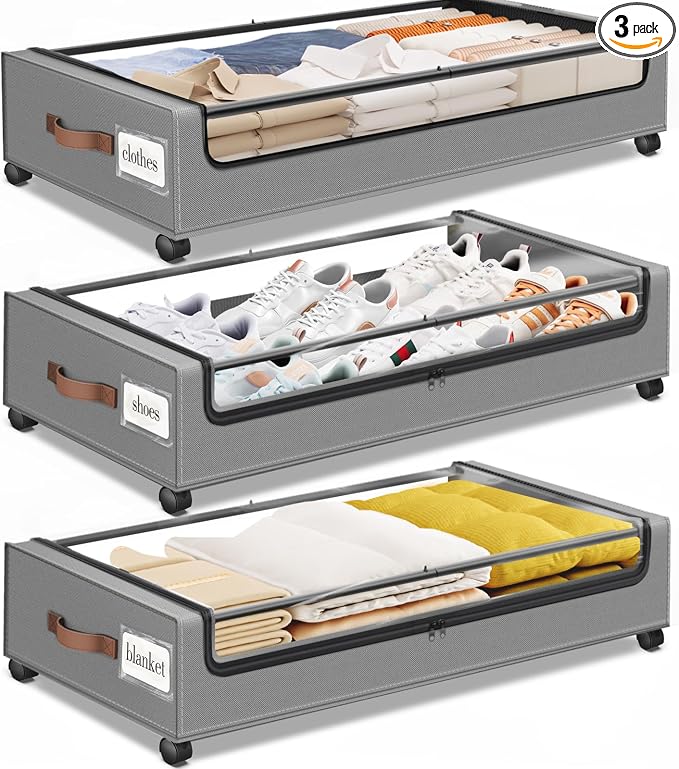 Under Bed Storage with Wheels 3Pack Underbed Storage with Clear Window&Label by SpaceHacks