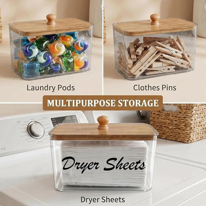 Dryer Sheet Holder with Bamboo Lid, Acrylic Laundry Clear Dryer Sheets - Image 9